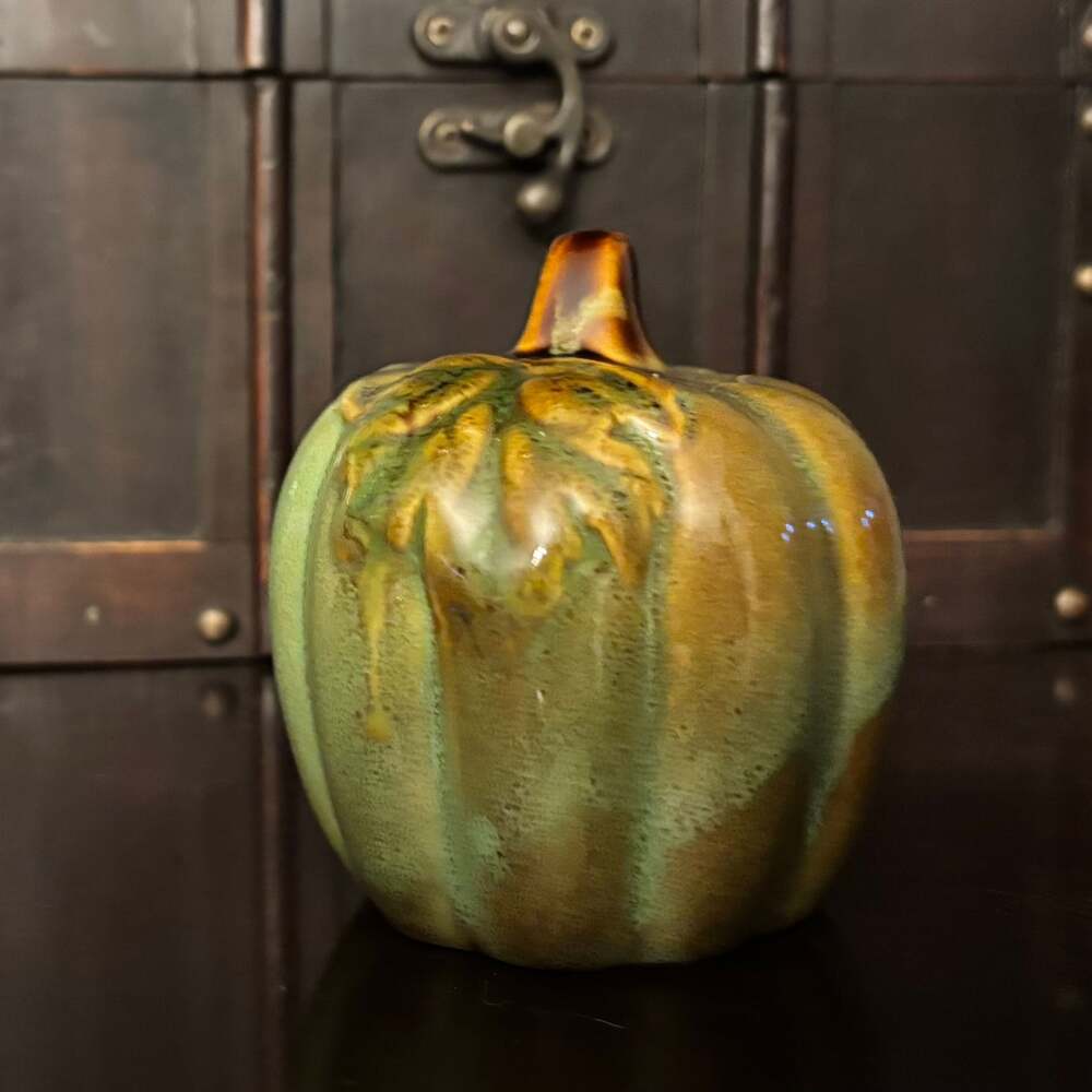 Ceramic Green Pumpkin with Leaves - Fall Decor